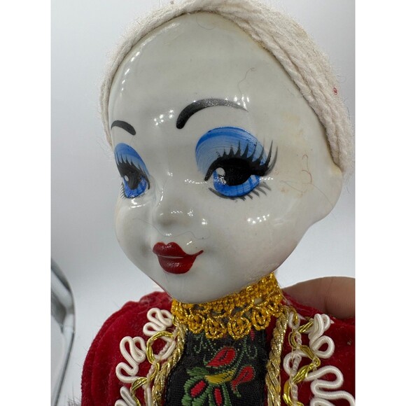 Vintage Russian Porcelain Doll Red Velvet Folk Costume Fur Embroidered Dress 16" - Picture 3 of 10